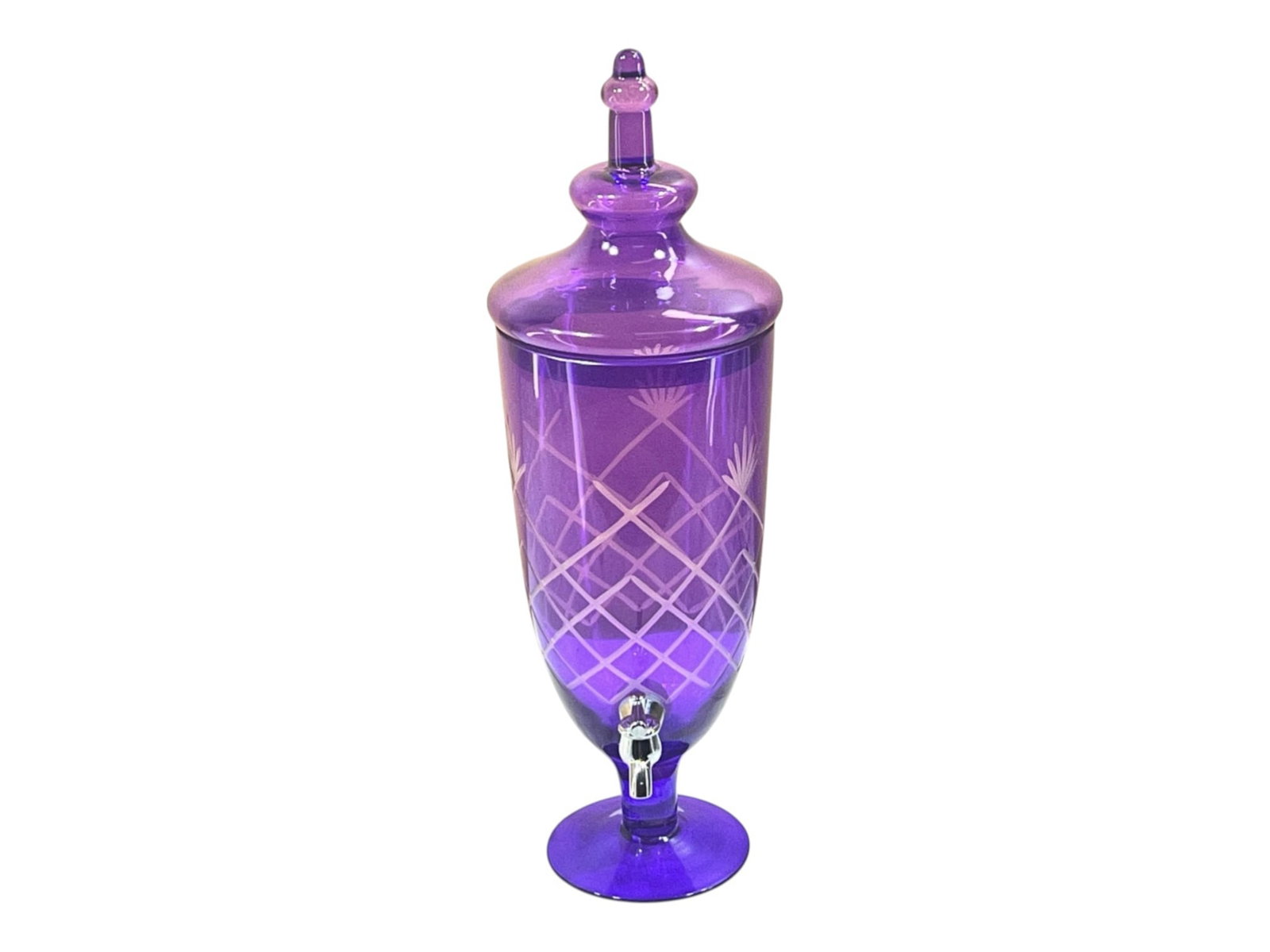 Elegant Purple Cut-to-Clear Glass Beverage Dispenser with Pineapple Motif, 20" - 2