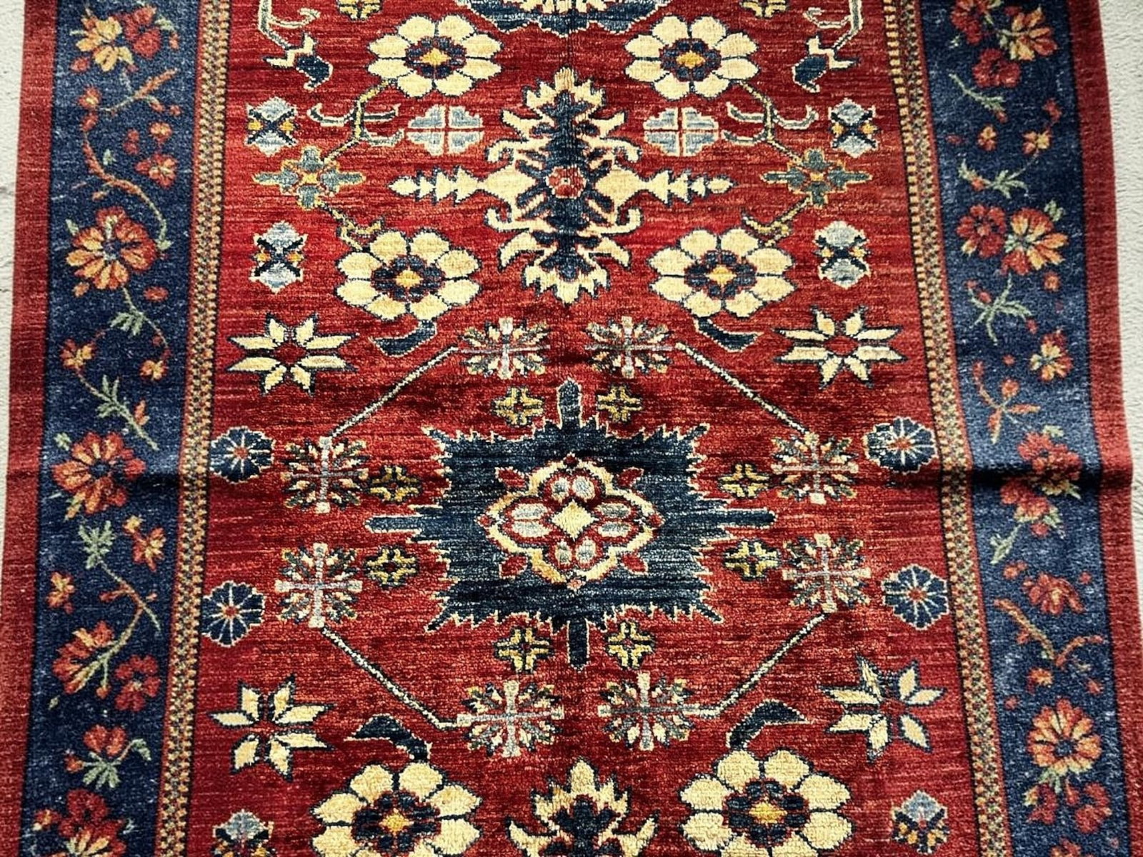$1,690 - Geometric Scatter Rug, Kazak Design, Hand-Knotted Wool, 4'0" x 5'8" - 3