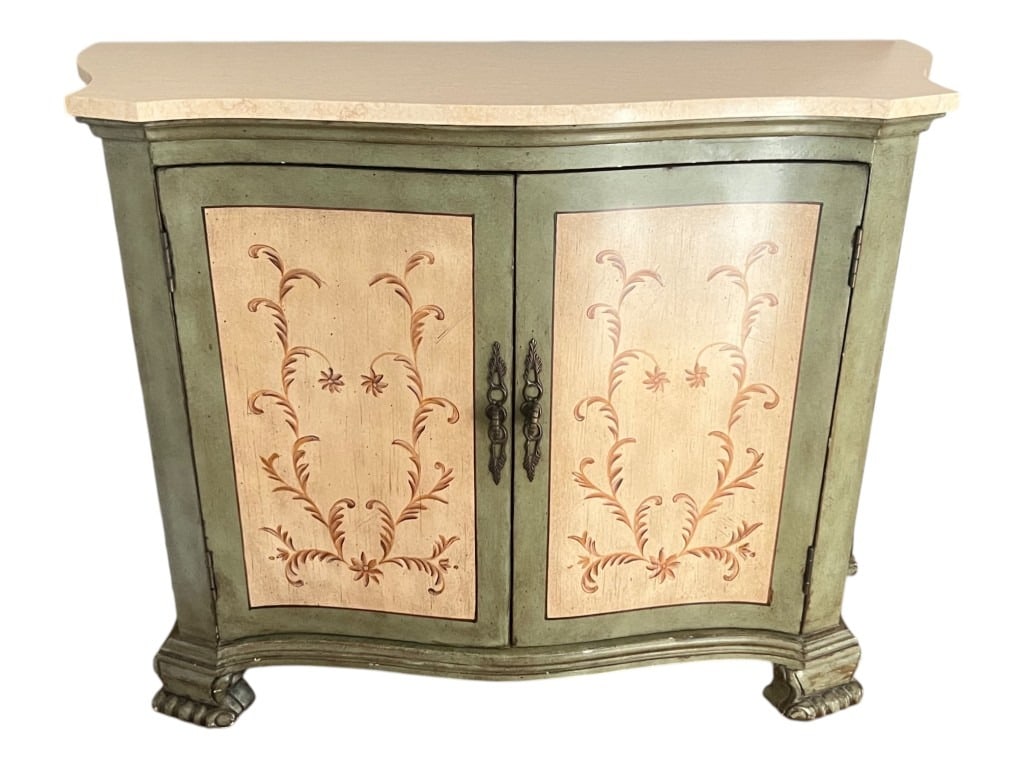 Painted Serpentine-Front Console Cabinet with Faux-Marble Top and Stenciled Panels, 31": A Continental taste, Florentine/Venetian-inspired painted wood console cabinet, designed with a serpentine (bowed) façade and a shaped, faux-marble top in pale stone tones. The case is finished