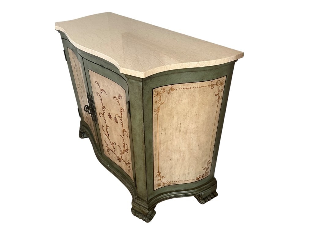 Painted Serpentine-Front Console Cabinet with Faux-Marble Top and Stenciled Panels, 31" - 2