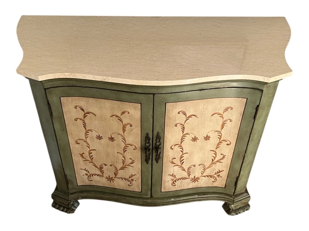 Painted Serpentine-Front Console Cabinet with Faux-Marble Top and Stenciled Panels, 31" - 3