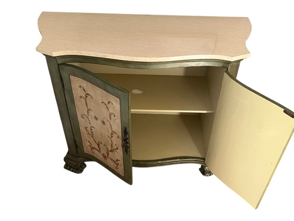 Painted Serpentine-Front Console Cabinet with Faux-Marble Top and Stenciled Panels, 31" - 4