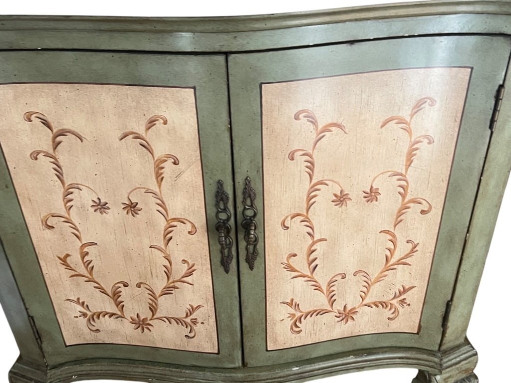Painted Serpentine-Front Console Cabinet with Faux-Marble Top and Stenciled Panels, 31" - 6