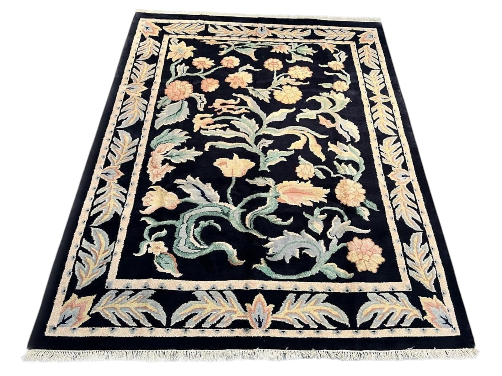 $2,760 - Arts and Crafts Botanical Carpet, Midnight Blue Ground, Hand-Knotted Wool, 9'0" x 12'0": $2,760. Oversized scrolling acanthus, tulips and open blossoms in sage, cream and blush move across a deep midnight blue field with real painterly freedom, bounded by a border of large feathered