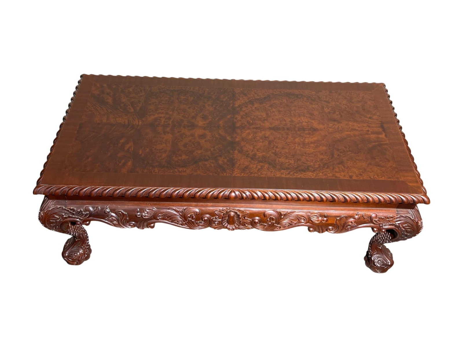 $3,500 High-End Carved Burl Mahogany Coffee Table with Scroll and Shell Motifs - 2