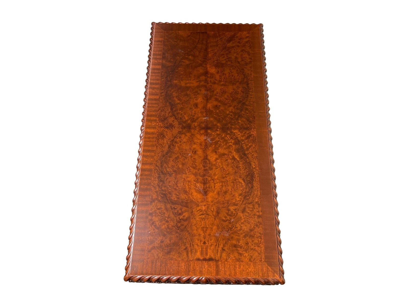 $3,500 High-End Carved Burl Mahogany Coffee Table with Scroll and Shell Motifs - 3
