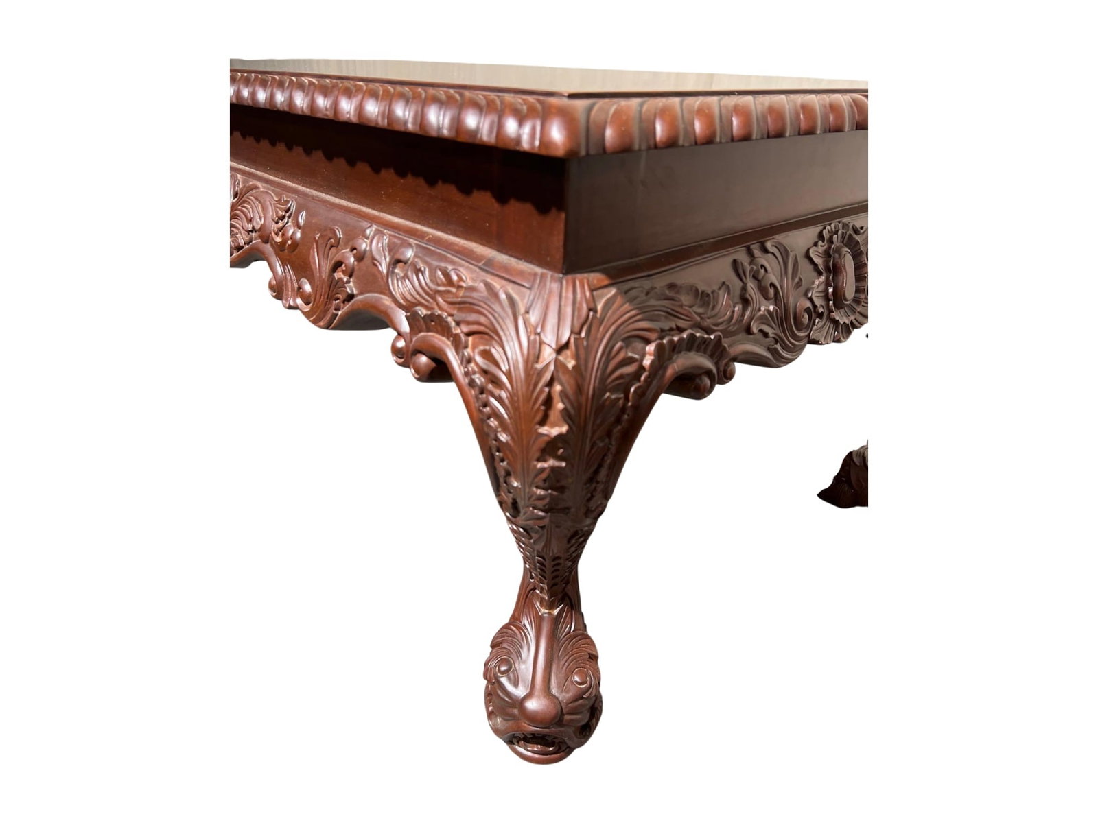 $3,500 High-End Carved Burl Mahogany Coffee Table with Scroll and Shell Motifs - 4
