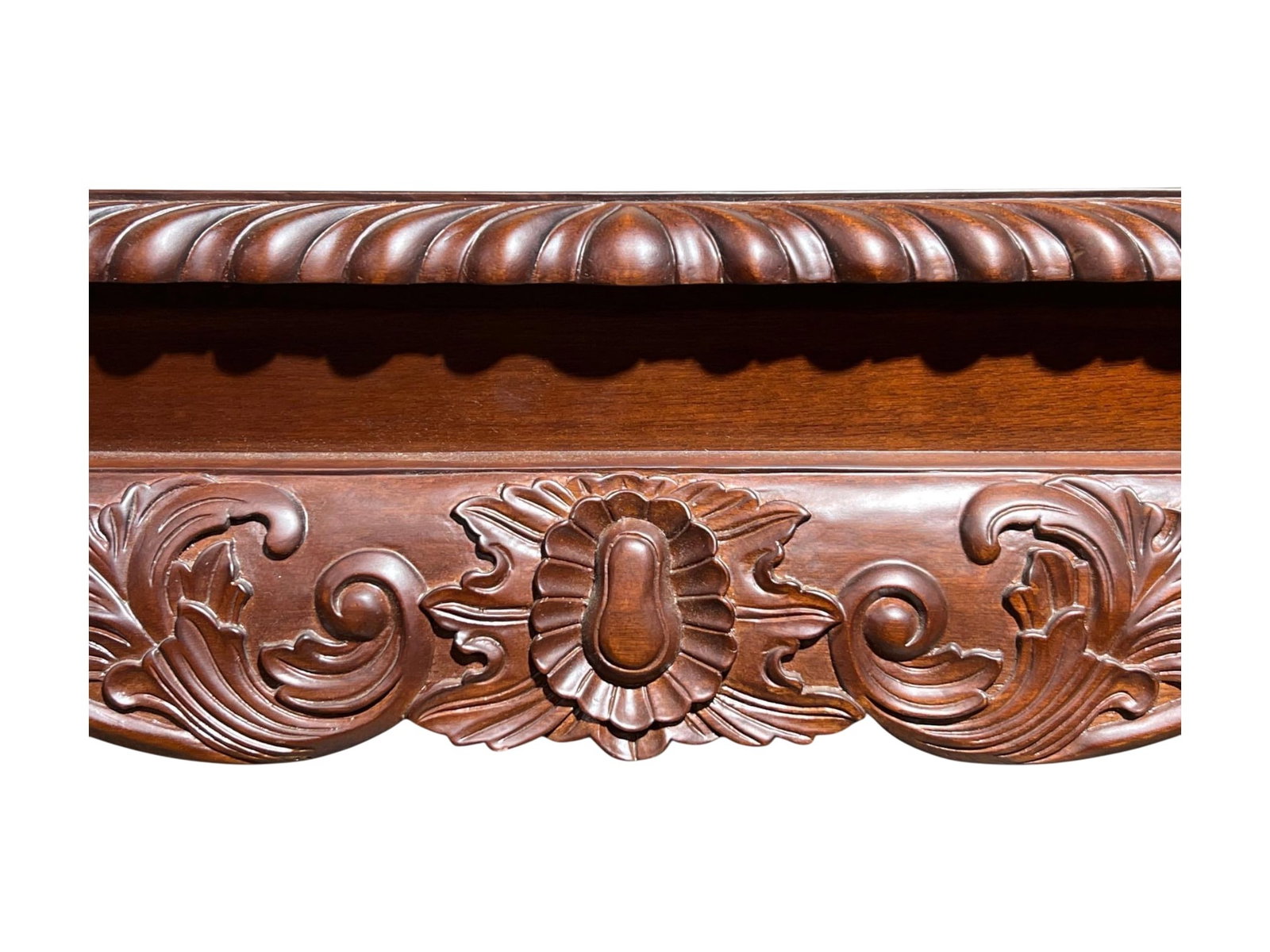 $3,500 High-End Carved Burl Mahogany Coffee Table with Scroll and Shell Motifs - 6