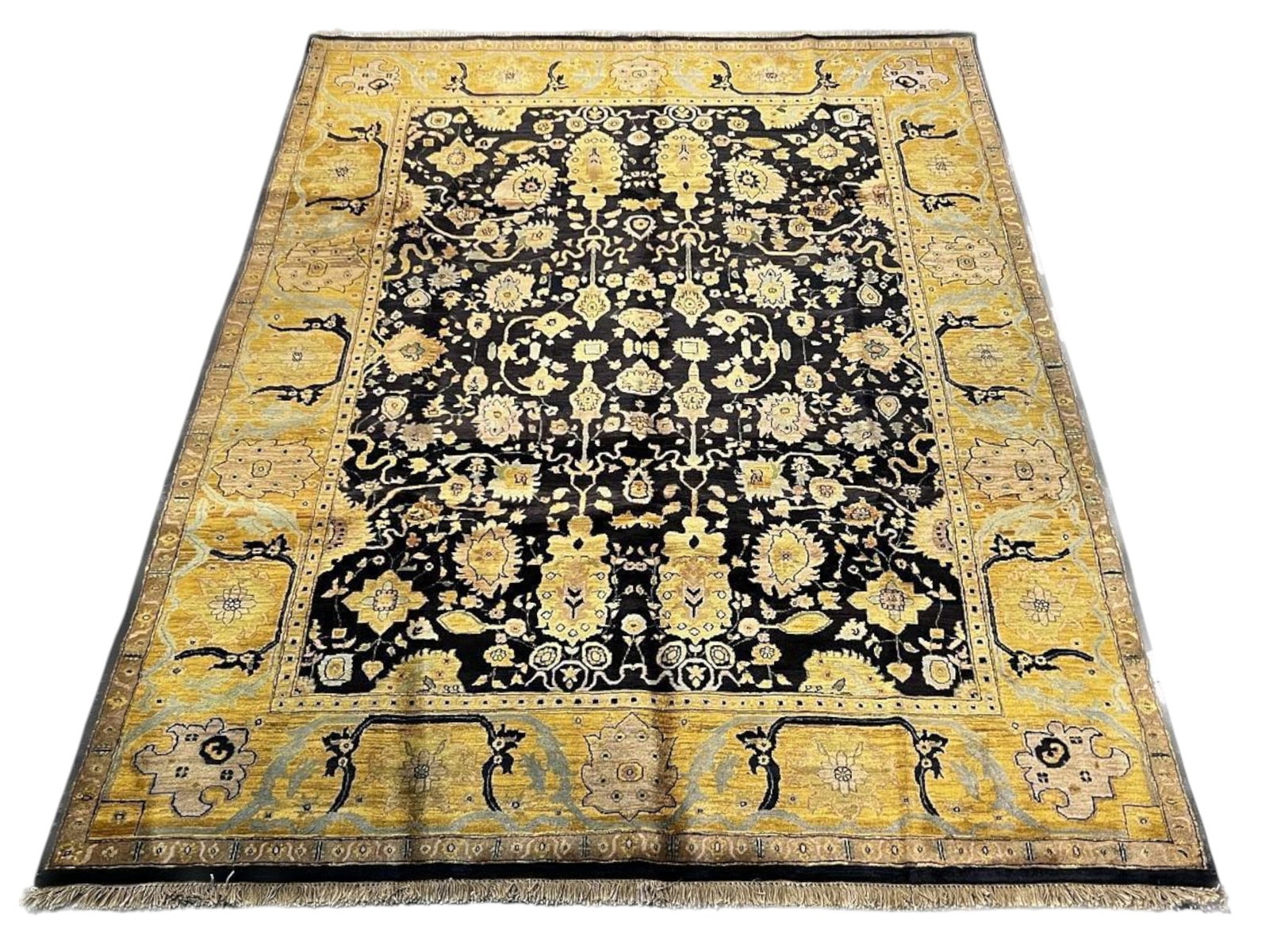 $4,925 - Gilded Palmette on Black Ground Carpet, Jaipur Design, Hand-Knotted Wool, 7'8" x 10'0": $4,925. A jet black field is filled with large gold and saffron palmettes, curling leaves and vine, bounded by a broad gold border of cartouches and botanical ornament. The two-colour scheme lends the