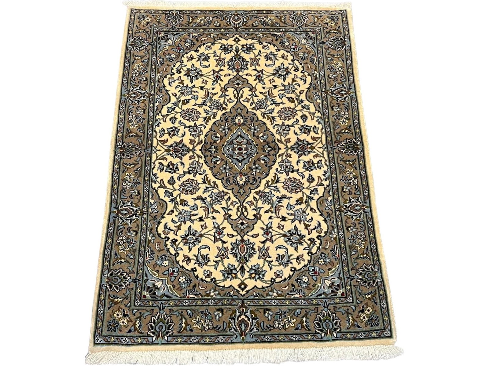 $1,760 - Ivory Ground Medallion Persian Kashan Rug, Hand-Knotted Wool, 2'9" x 4'0": $1,760. A slate-blue lobed medallion rests at the centre of a creamy ivory field, surrounded by curling arabesques and pinwheel blossoms, with the deep indigo border repeating the ornament in