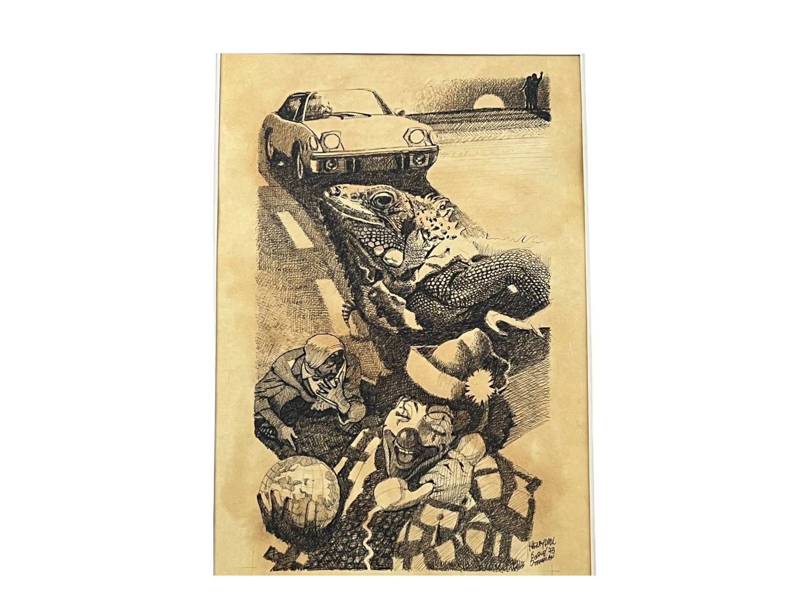 $2,250 Original Hand-Signed Ink on Paper Surreal Illustration with Sports Car & Reptile, Henri Paul: Original ink on paper surreal-style illustration featuring a sports car, large reptile/lizard figure, and expressive character figures in a dramatic layered composition. The work is rendered with