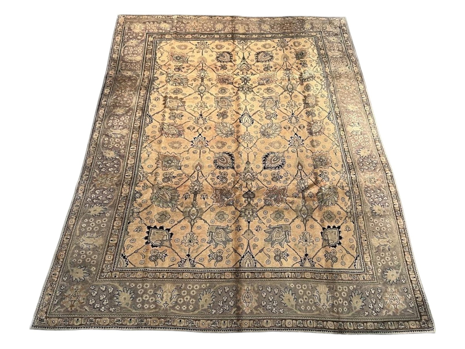 $10,560 - Muted Wheat Field Persian Tabriz Carpet, Hand-Knotted Wool, 8'4" x 11'0": $10,560. A quietly beautiful Tabriz in which the wheat-gold field has softened to a warm, sun-bleached tone, the allover floral and vine work reading in muted grey and taupe beneath a taupe-brown