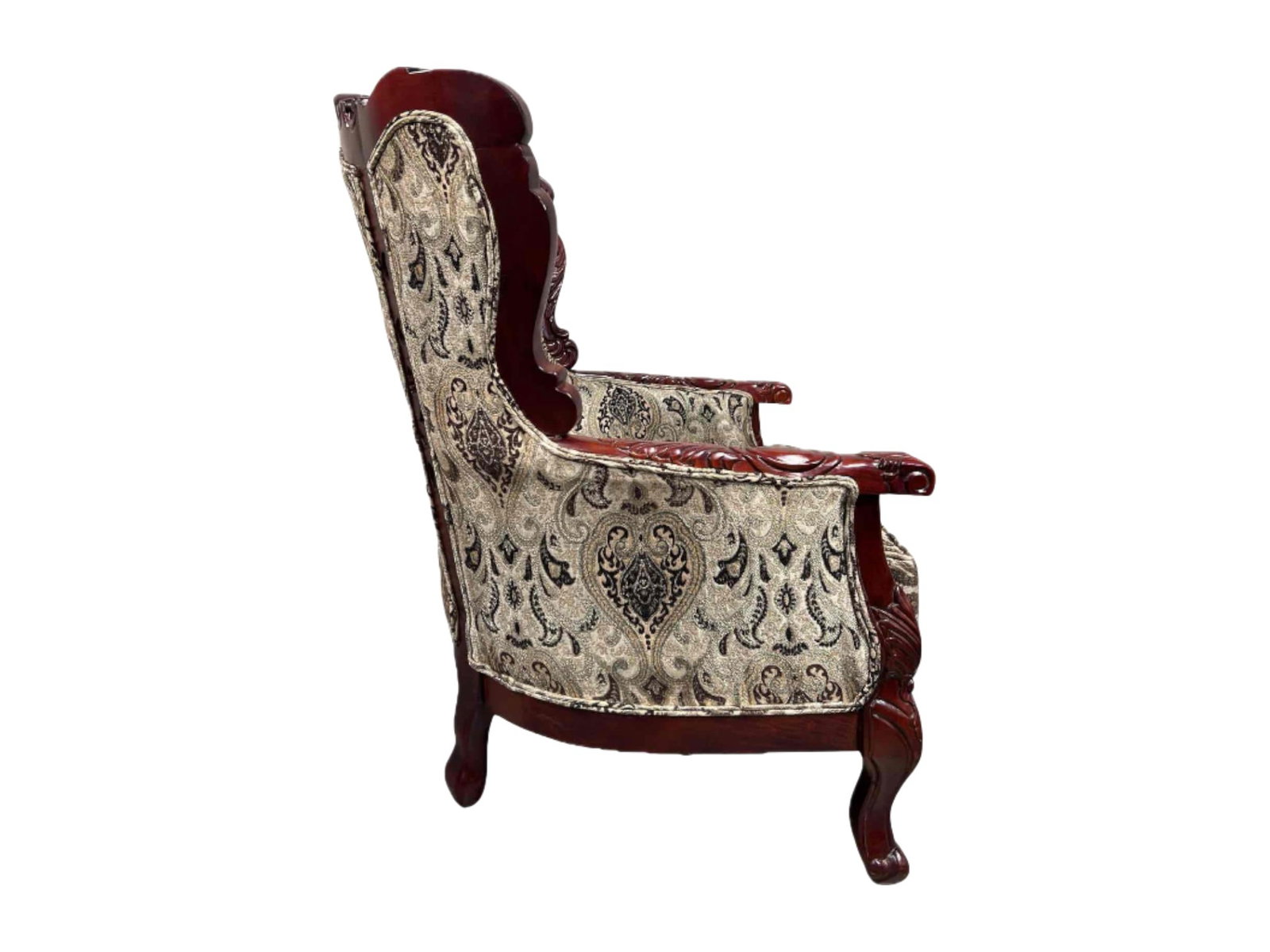 Carved Mahogany Upholstered Armchair with Jacquard Fabric - 2
