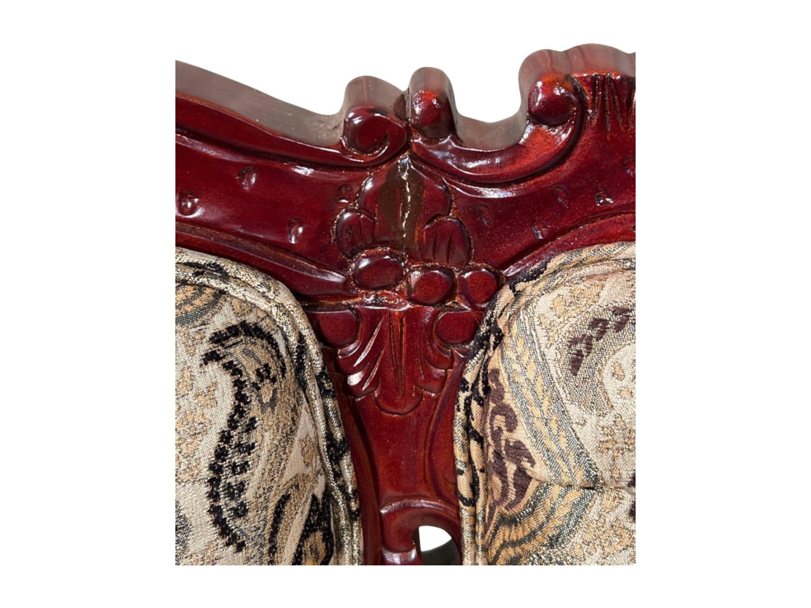Carved Mahogany Upholstered Armchair with Jacquard Fabric - 4