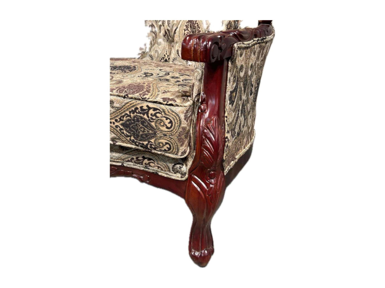 Carved Mahogany Upholstered Armchair with Jacquard Fabric - 8