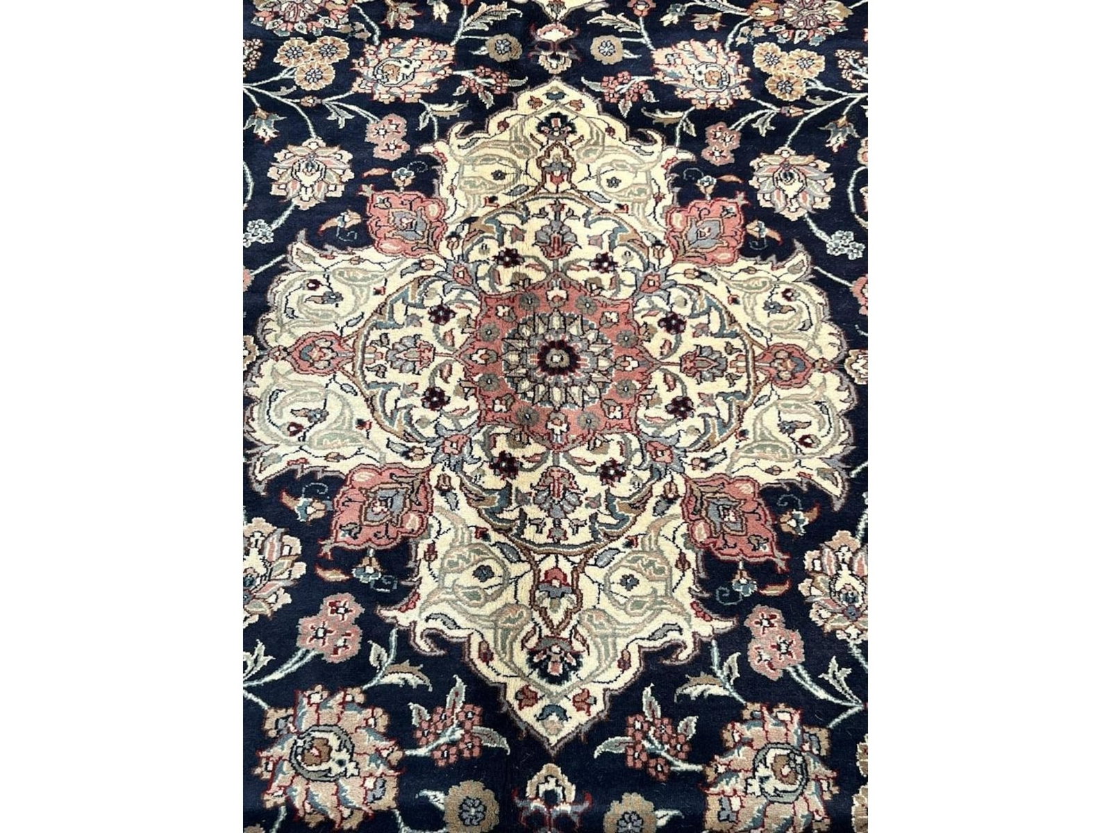 $8,220 - Navy and Ivory Medallion Carpet, Kashan Design, Hand-Knotted Wool, 9'0" x 12'5" - 2