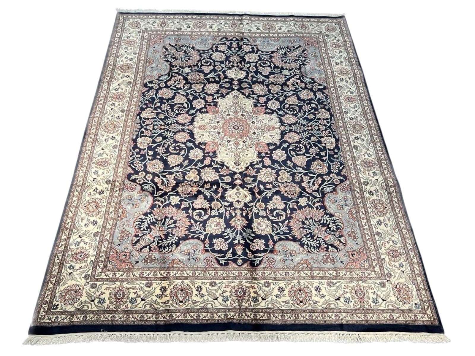 $8,220 - Navy and Ivory Medallion Carpet, Kashan Design, Hand-Knotted Wool, 9'0" x 12'5" - 4