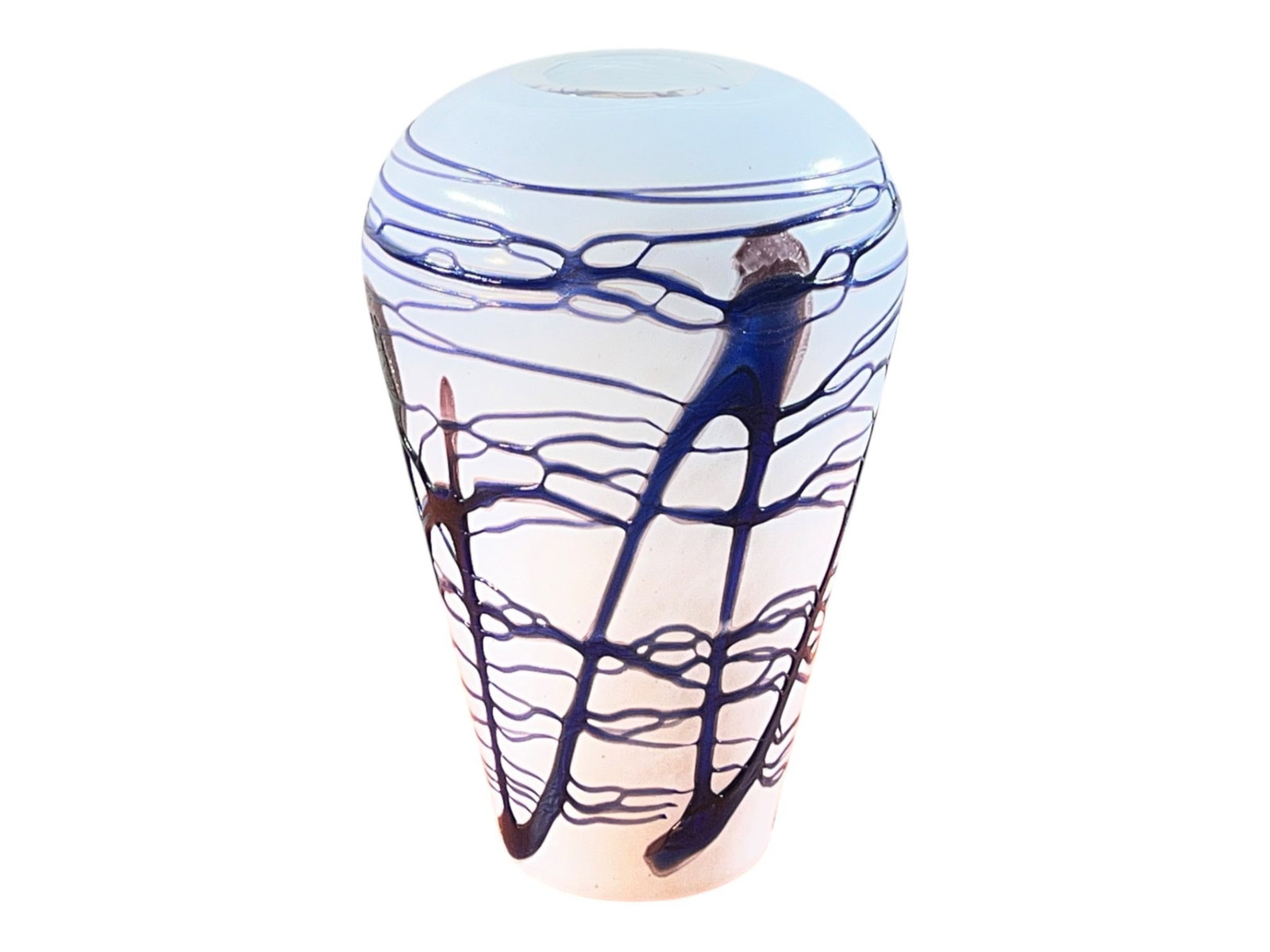 Vase Art Glass with Cased White Rim, 15"H: Art glass vase with a tall tapered form, translucent pink-toned body, and applied cobalt blue trailing in an abstract web-like pattern. The top features a white cased rim with a polished circular