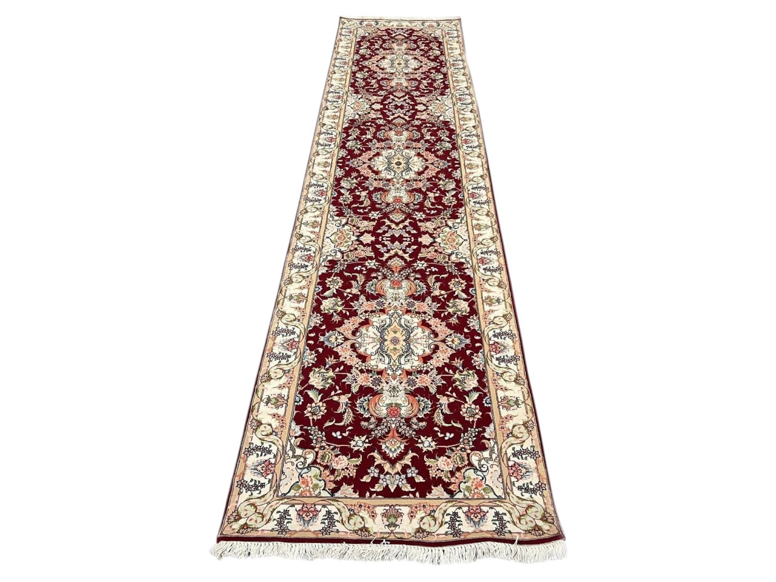 $9,120 - Wine Ground Persian Tabriz Runner, Hand-Knotted Wool & Silk, 2'8" x 11'7": $9,120. A deep wine-burgundy runner carries a linked chain of ivory floral medallions along its length, each surrounded by finely drawn vine and blossom in ivory, blue and coral, beneath an ivory bord