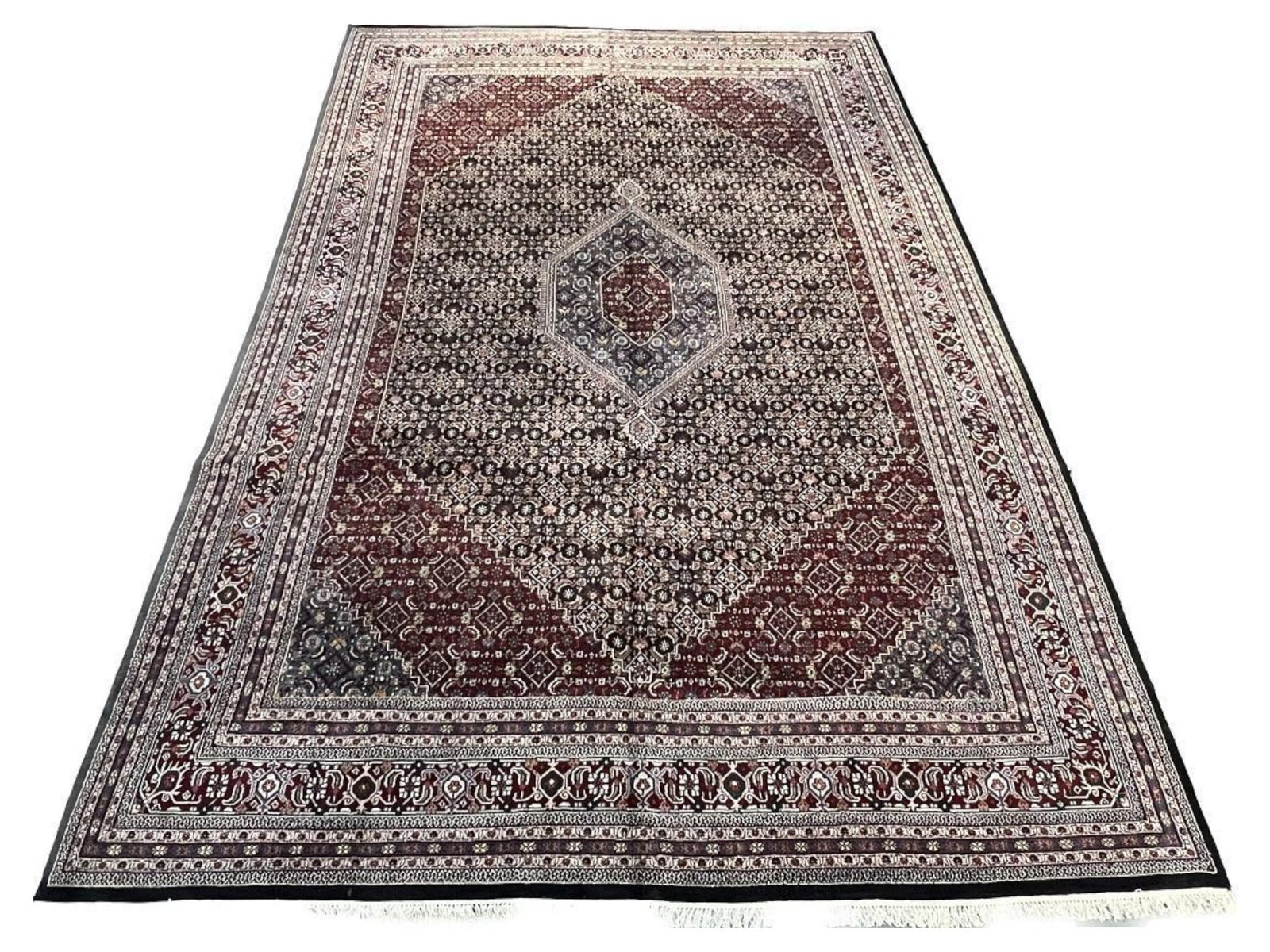 $6,940 - Palatial Herati Carpet, Bidjar Design, Hand-Knotted Wool, 11'11" x 18'3": $6,940. A burgundy field is worked in a minutely repeated herati lattice, centred on a small ivory and powder blue hexagonal medallion, with layered navy and burgundy borders adding depth at the
