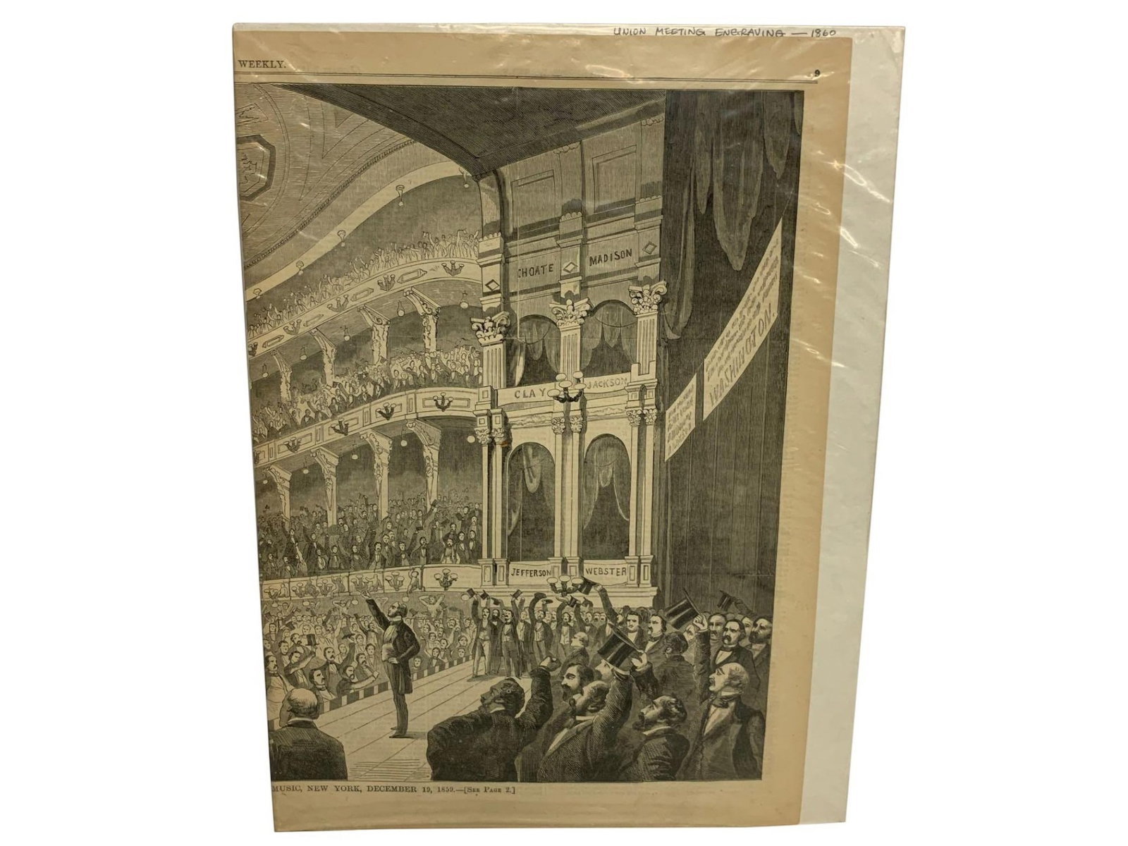 Engraving of Great Union Meeting at the Academy of Music, 1860: Engraving depicting a packed political assembly identified in the image as a Union meeting, showing a dramatic interior view of a theater filled with spectators, banners, and speakers on stage. The