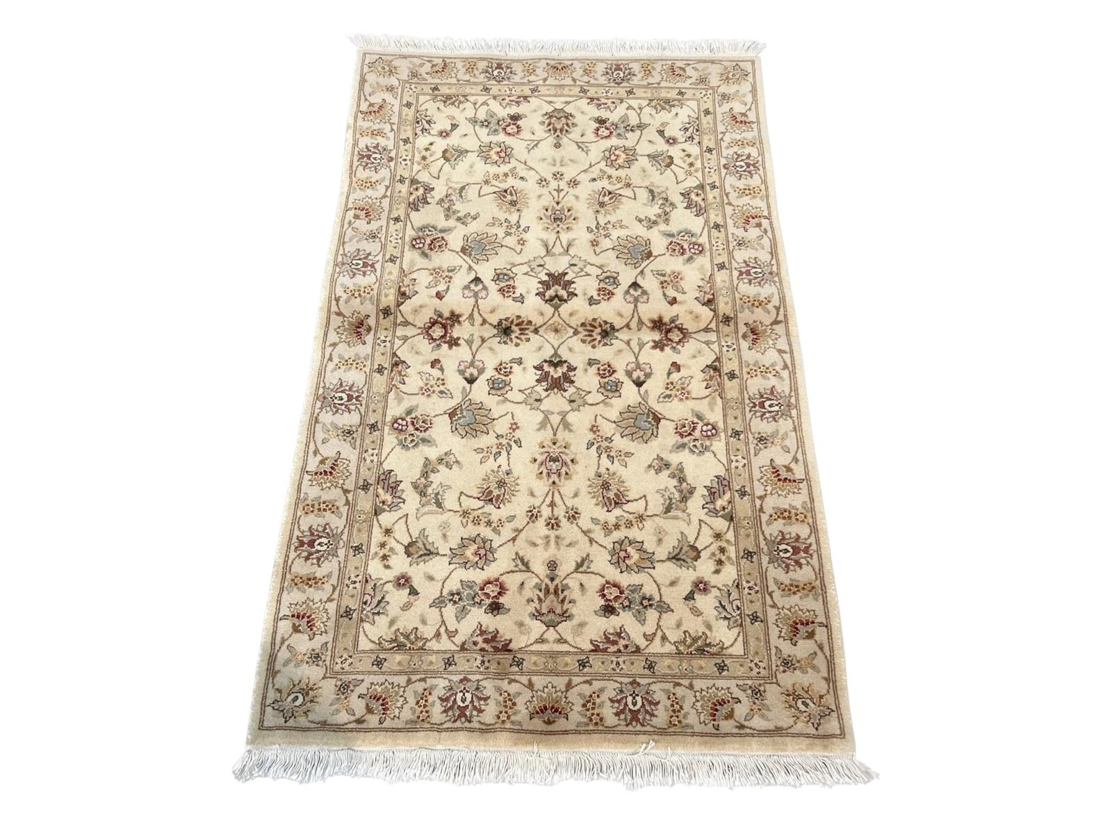 $1,245 - Petite Silk-Blend Floral Rug, Tabriz Design, Hand-Knotted Wool & Silk, 3'0" x 5'0": $1,245. An allover pattern of lotus palmettes, curling vines and small blossoms is laid across a warm ivory field in a palette of blue-grey, muted burgundy and sage. The lotus palmette is among the