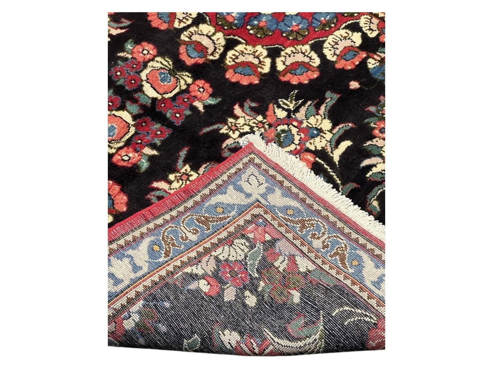 $650 - Polychrome Floral on Dark Ground Persian Hamedan Rug, Hand-Knotted Wool, 3'6" x 4'9" - 3