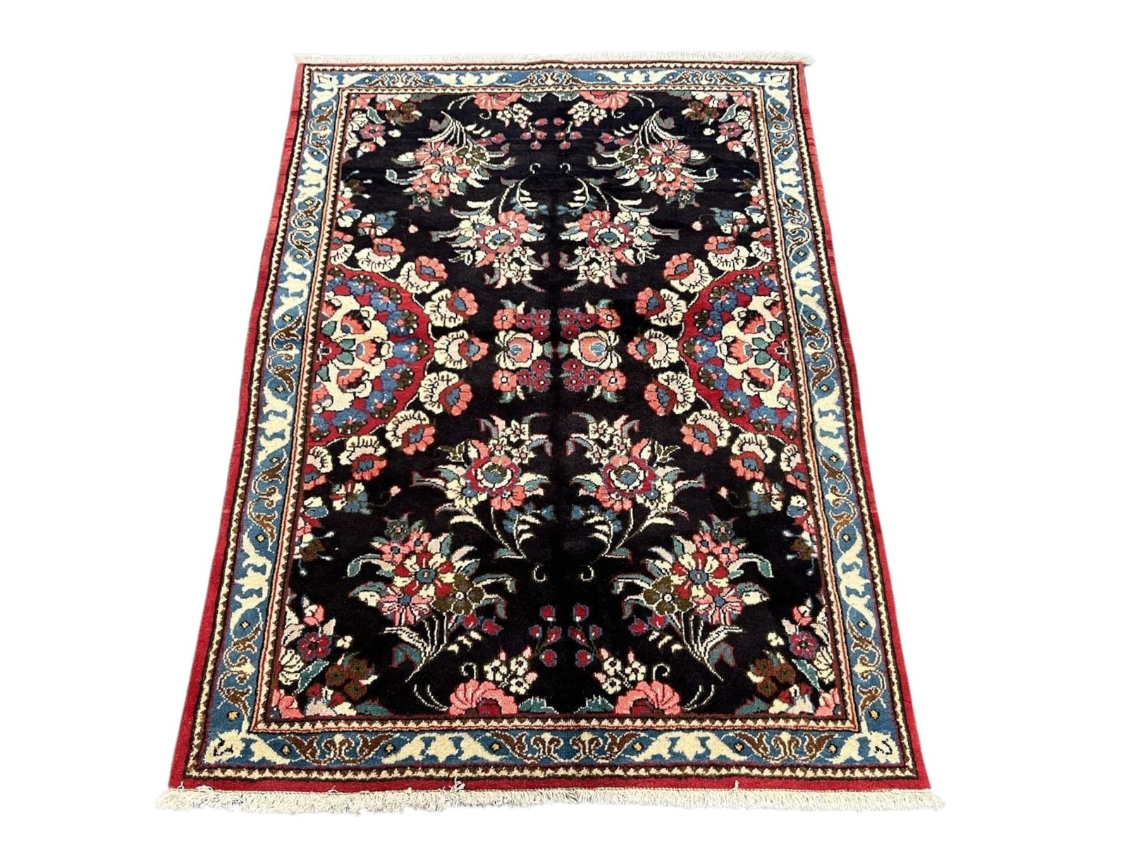 $650 - Polychrome Floral on Dark Ground Persian Hamedan Rug, Hand-Knotted Wool, 3'6" x 4'9" - 4