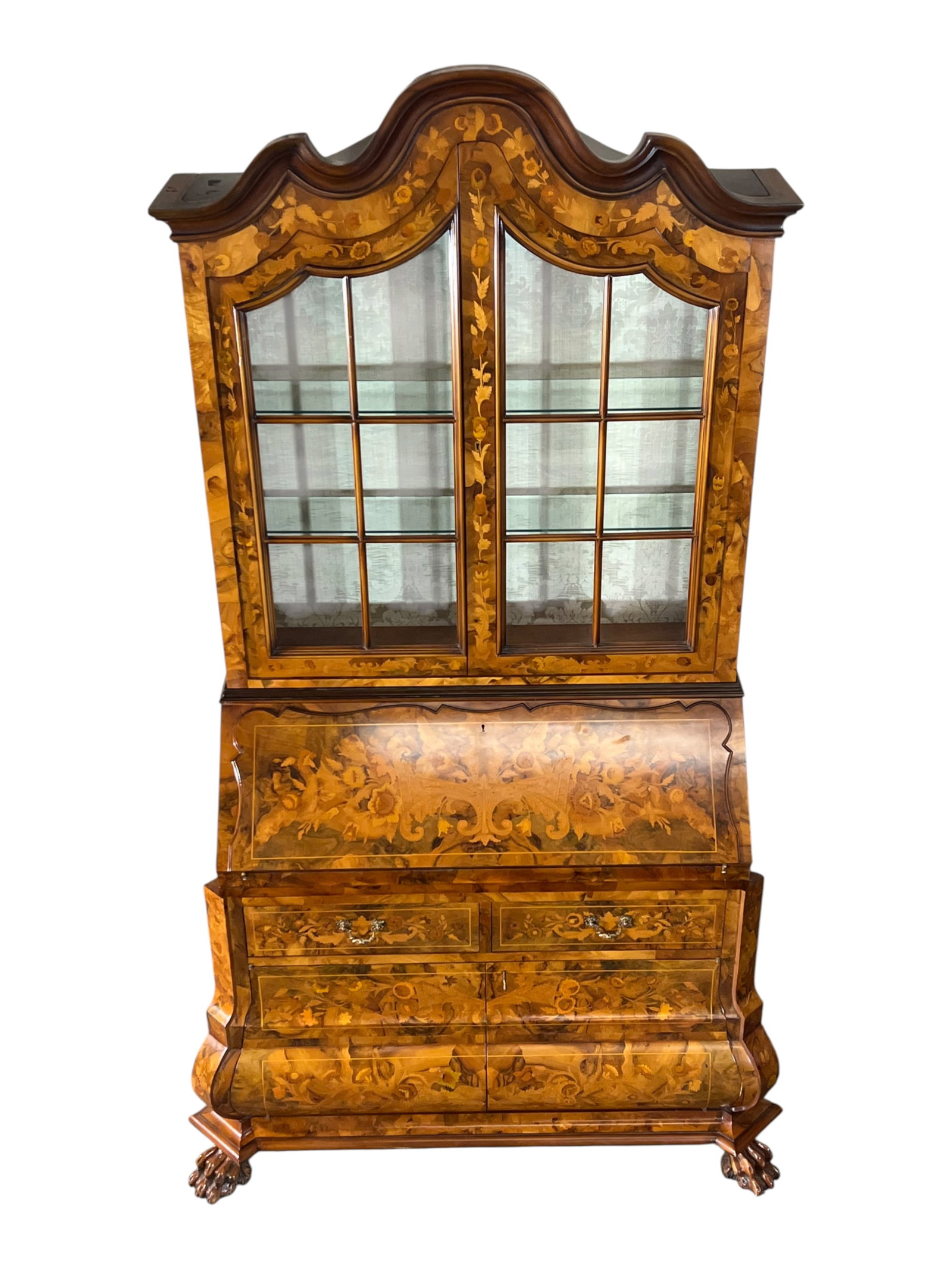 $27,000 Magnificent Italian Marquetry Bombé Secretary Bookcase, Gallery Collection, A Matching : A stunning companion to the gallery's Italian marquetry dining suite, this custom-crafted Italian secretary bookcase is a masterpiece representing the highest level of cabinetmaking and a truly rare