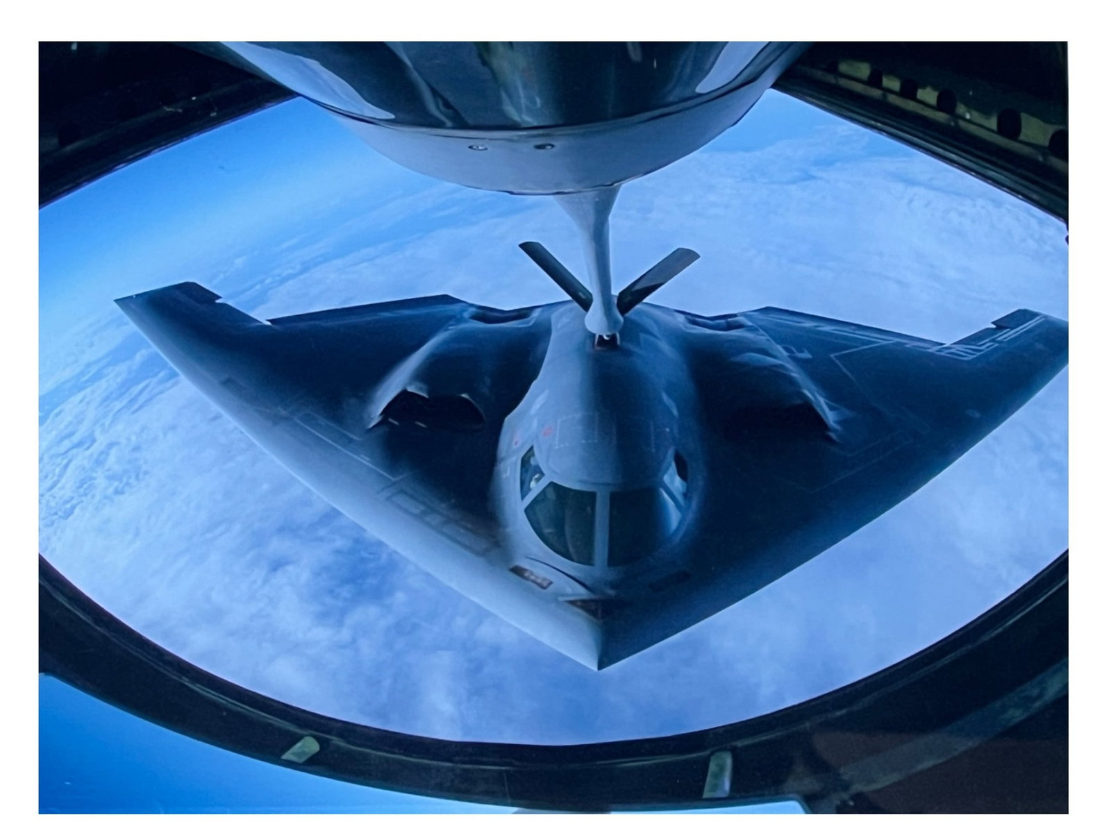 Contemporary Aerial Photograph, B-2 Spirit Stealth Bomber in Mid-Air Refueling, Plexiglass Mounted, - 2