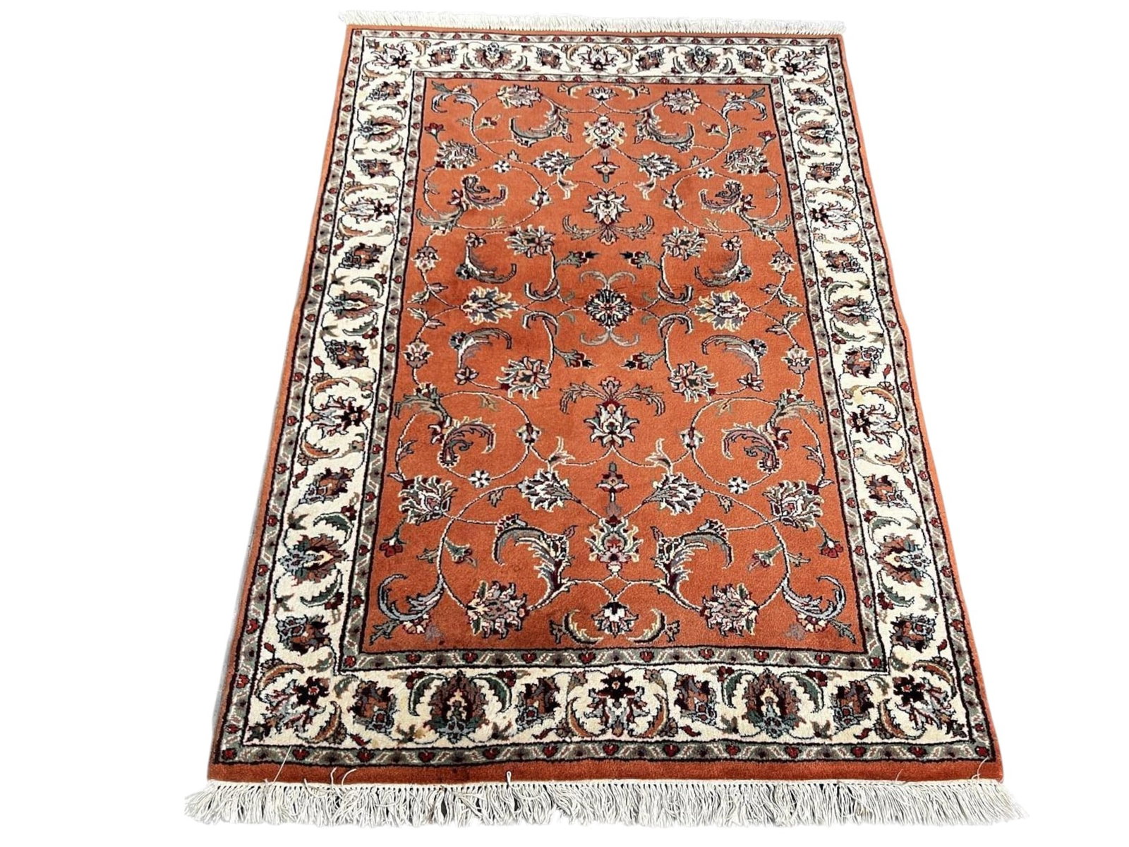 $1,580 - Rust Ground Floral Rug, Kashan Design, Hand-Knotted Wool, 3'11" x 5'9" - 5