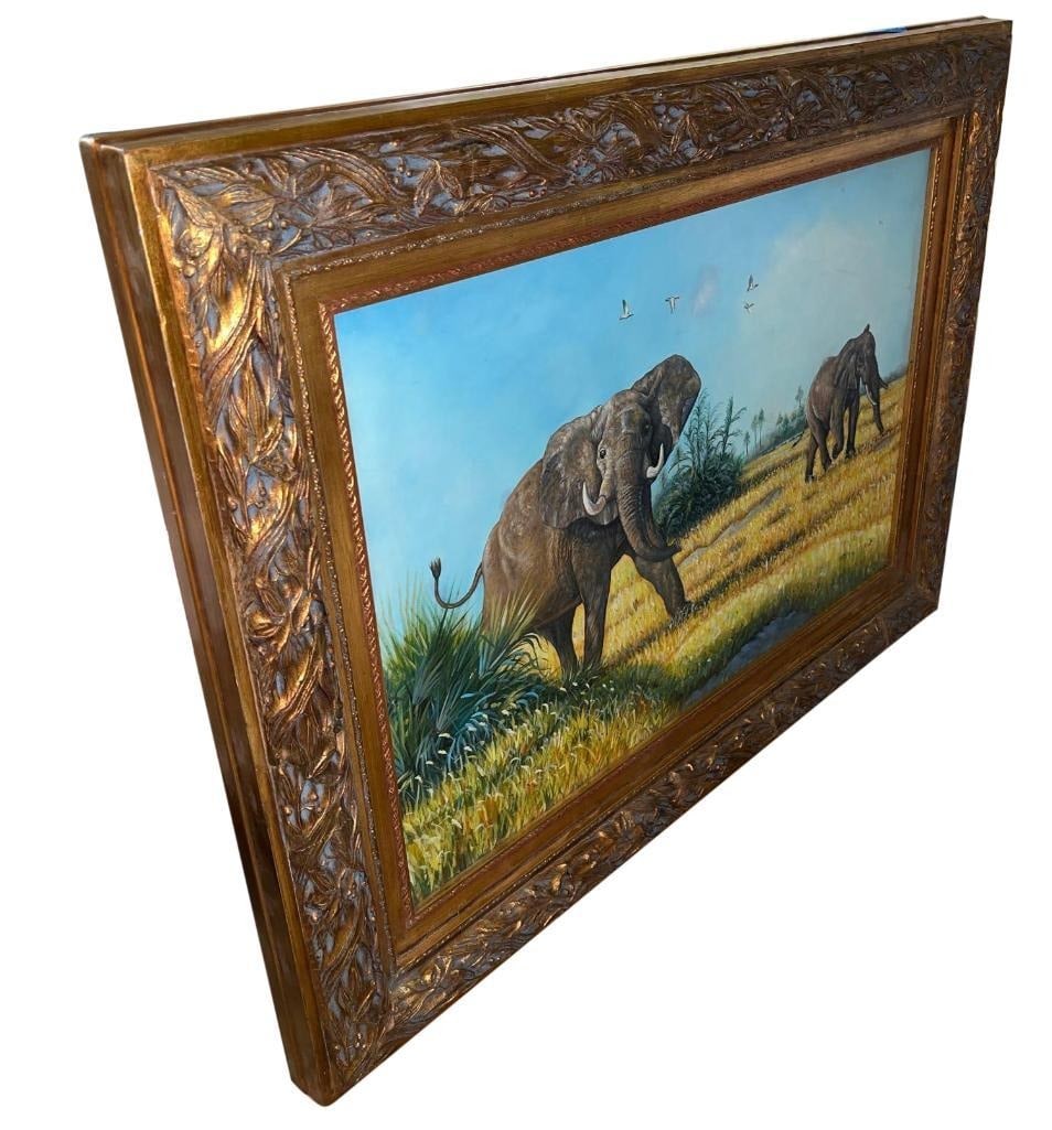 Elephant Wildlife Scene Oil Painting with Gilded Carved Frame,, 47 x 34" - 2
