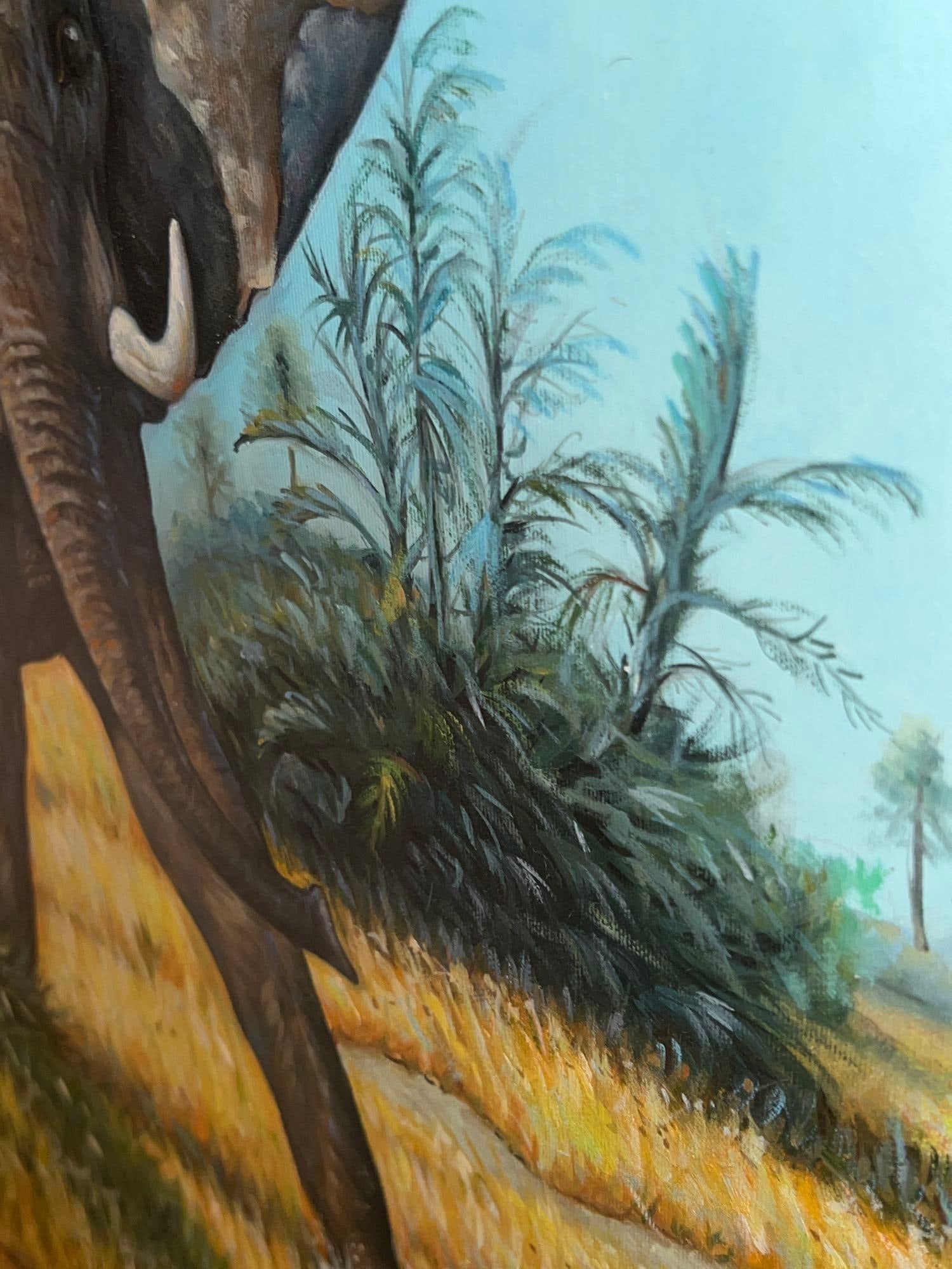 Elephant Wildlife Scene Oil Painting with Gilded Carved Frame,, 47 x 34" - 3