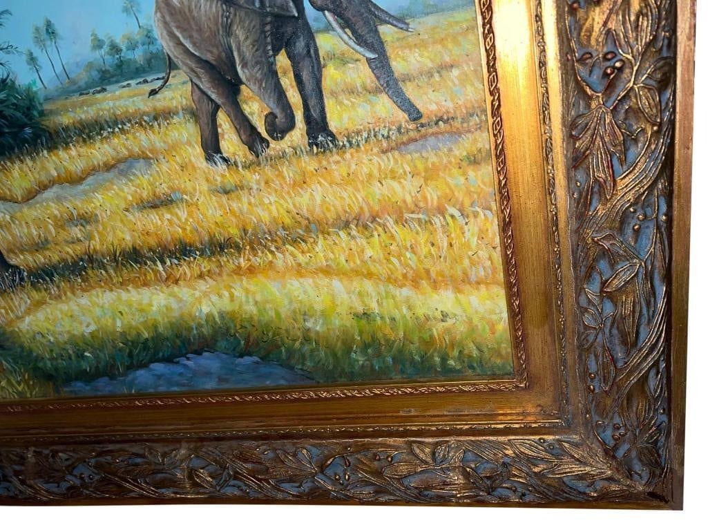 Elephant Wildlife Scene Oil Painting with Gilded Carved Frame,, 47 x 34" - 4