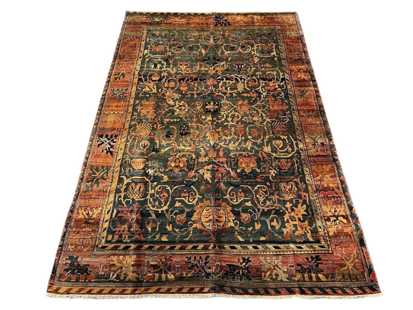 $15,360 - Sea Green Palmette Carpet, Old Fashion Design, Hand-Knotted Wool, 8'11" x 13'6" - 4