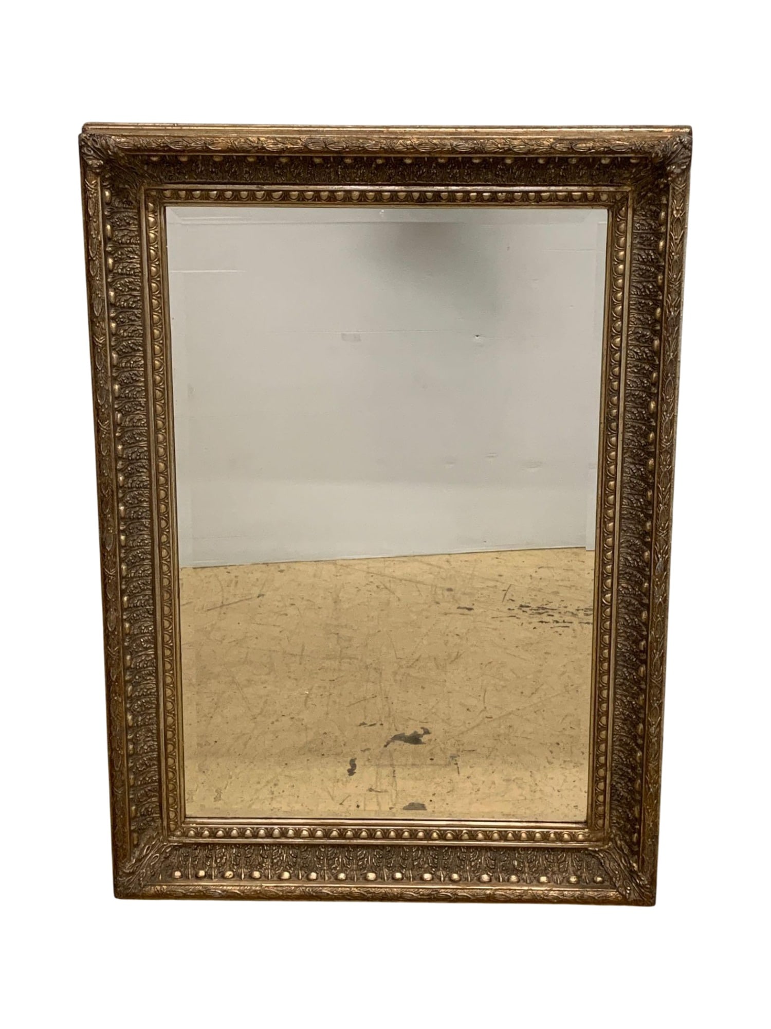 Carved Wood Gilt Ornate Rectangular Wall Mirror: This rectangular wall mirror features a carved wood frame with gilt finish, showcasing intricate details including foliate and beaded motifs along the border. The mirror glass is encased within a
