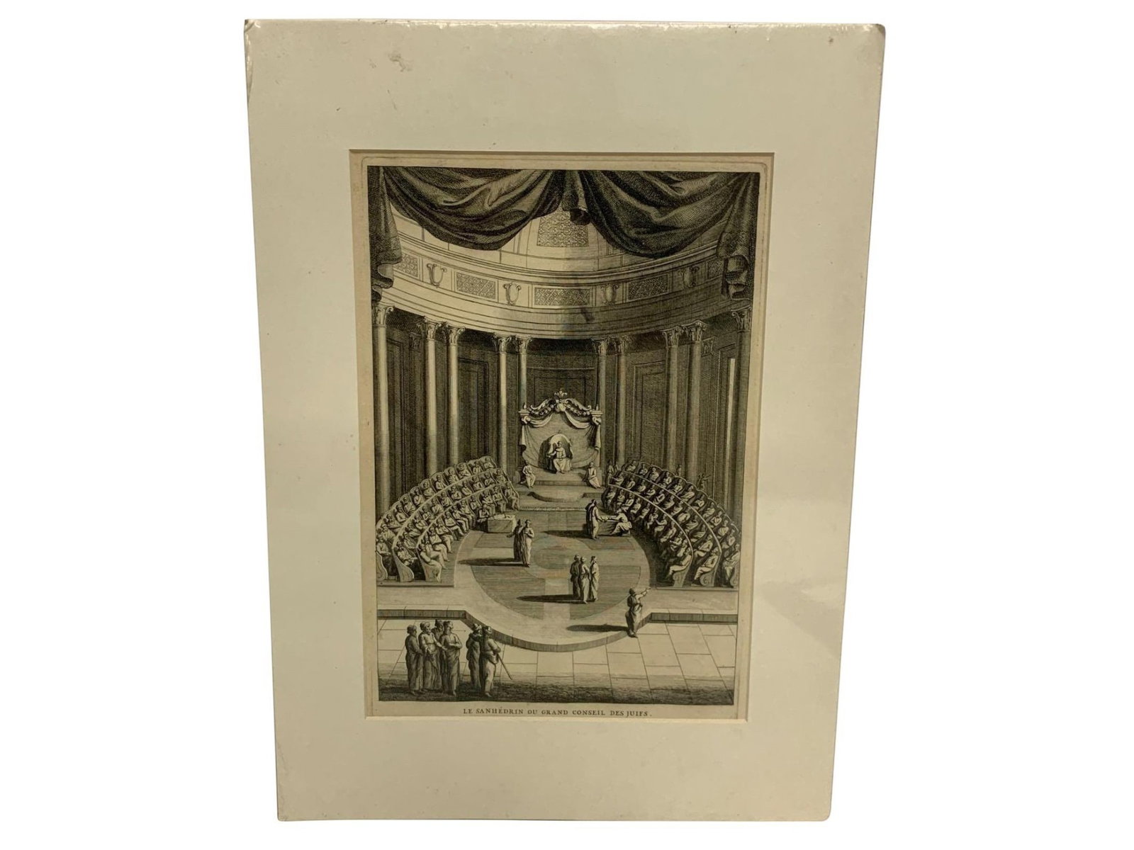 Engraving Depicting Le Sanhédrin ou Grand Conseil des Juifs: Engraving depicting an architectural interior identified in the plate line as "Le Sanhédrin ou Grand Conseil des Juifs." The composition presents a formal assembly within a grand circular