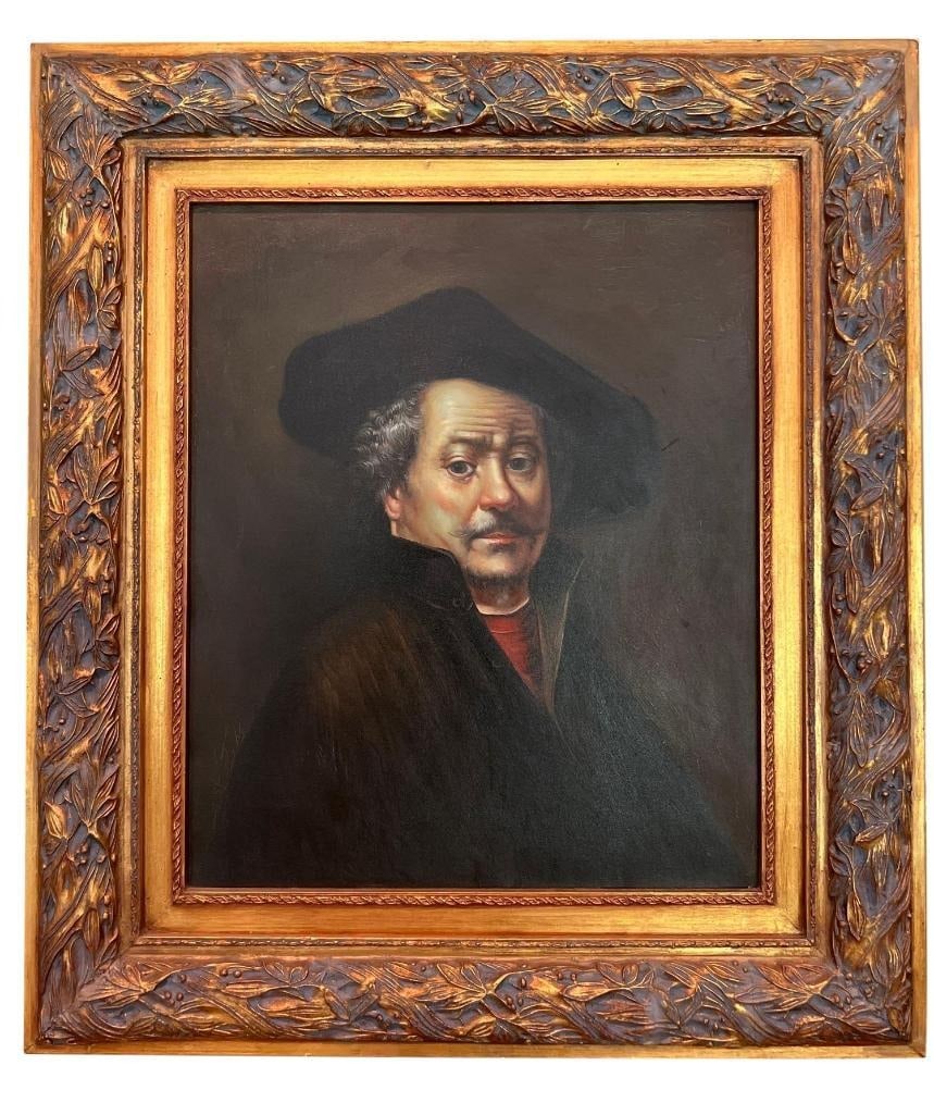 Oil Portrait Painting of a Gentleman in Decorative Gilded Frame: This oil on canvas portrait depicts a gentleman wearing a dark garment and a broad hat, rendered with detailed facial features and subtle lighting against a dark background. The painting is presented