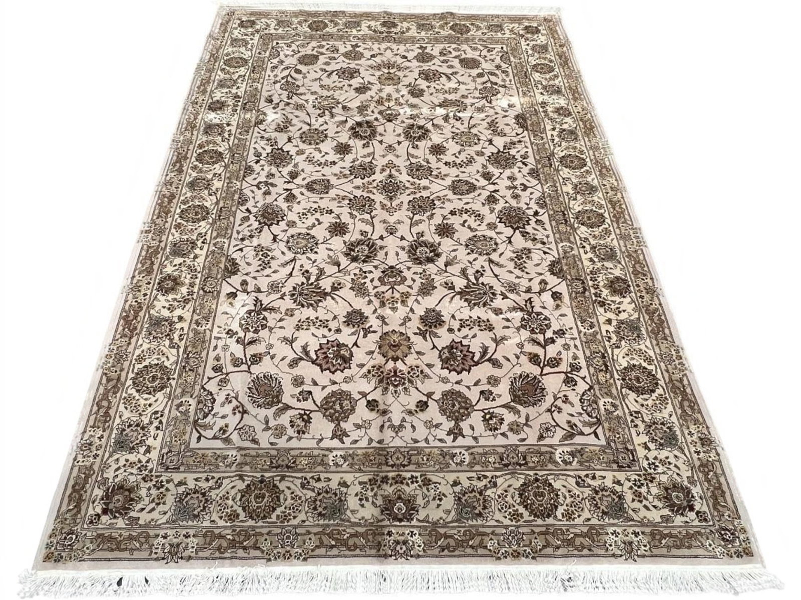 $4,160 - Taupe and Ivory Floral Rug, Tabriz Design, Hand-Knotted Wool & Silk, 5'9" x 8'9": $4,160. An allover floral in warm brown, taupe and soft gold spreads across a creamy ivory field, the vine scrolls drawn finely enough to hold their detail across the whole surface, with a border