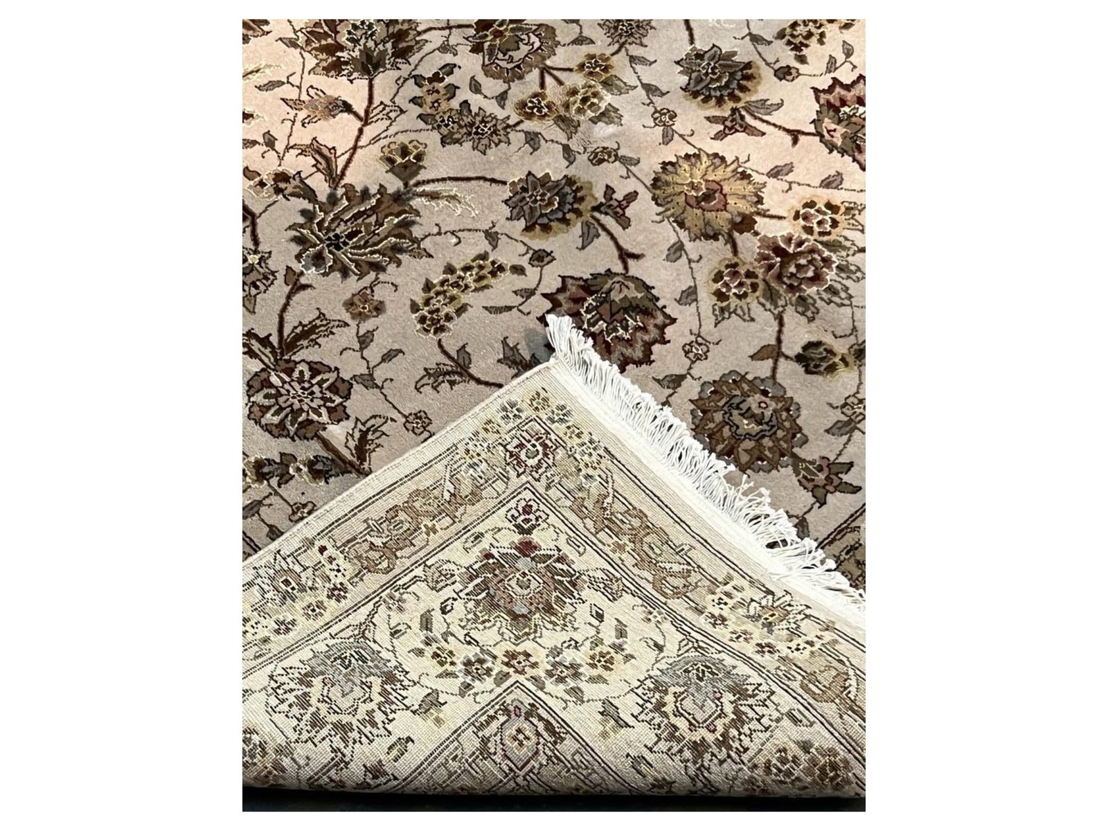 $4,160 - Taupe and Ivory Floral Rug, Tabriz Design, Hand-Knotted Wool & Silk, 5'9" x 8'9" - 3
