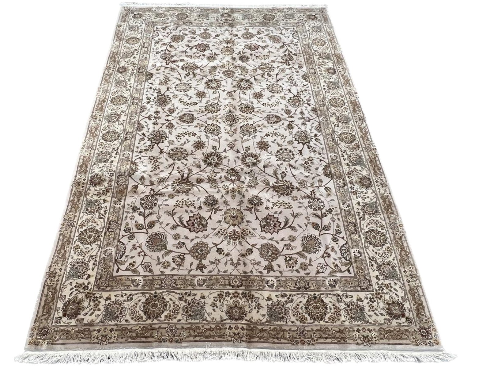 $4,160 - Taupe and Ivory Floral Rug, Tabriz Design, Hand-Knotted Wool & Silk, 5'9" x 8'9" - 4