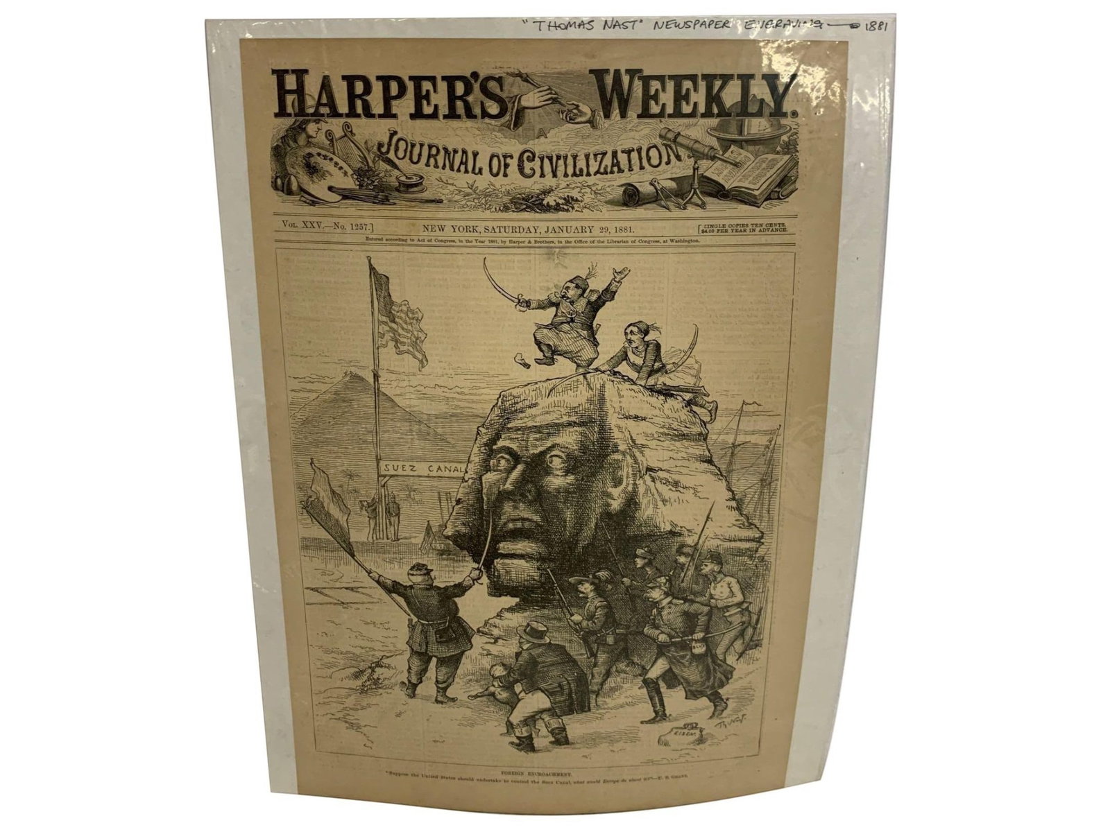 Harper's Weekly Thomas Nast Newspaper Cover Illustration: Harper's Weekly newspaper issue dated New York, Saturday, January 29, 1881, featuring a front page political illustration by Thomas Nast. The masthead reads "Harper's Weekly, A Journal of
