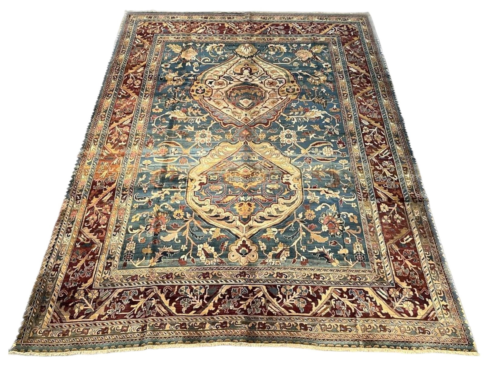 $15,740 - Teal Ground Twin-Medallion Carpet, Old Fashion Design, Hand-Knotted Wool, 9'9" x 12'7" - 3