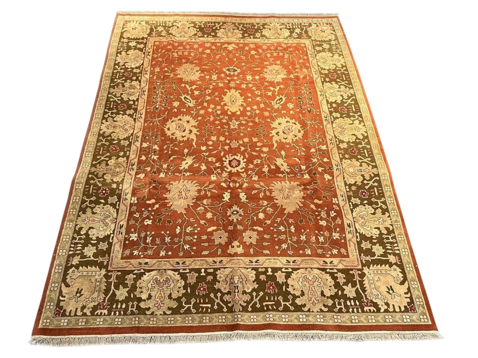 $5,590 - Terracotta Palmette Carpet, Jaipur Design, Hand-Knotted Wool, 8'11" x 12'3": $5,590. Warm terracotta fills the field beneath an allover arrangement of golden palmettes, sunburst rosettes and slender connecting vines in cream and sage, with an olive-brown border carrying the