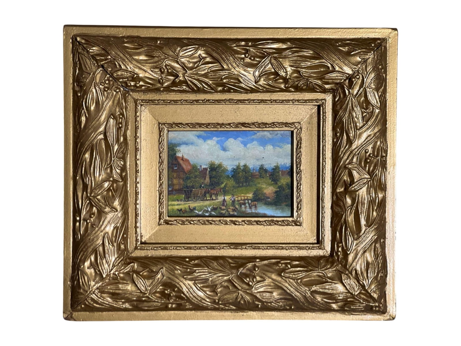 Framed Rural Landscape Oil Painting with Gilded Leaf Motif Frame - 2