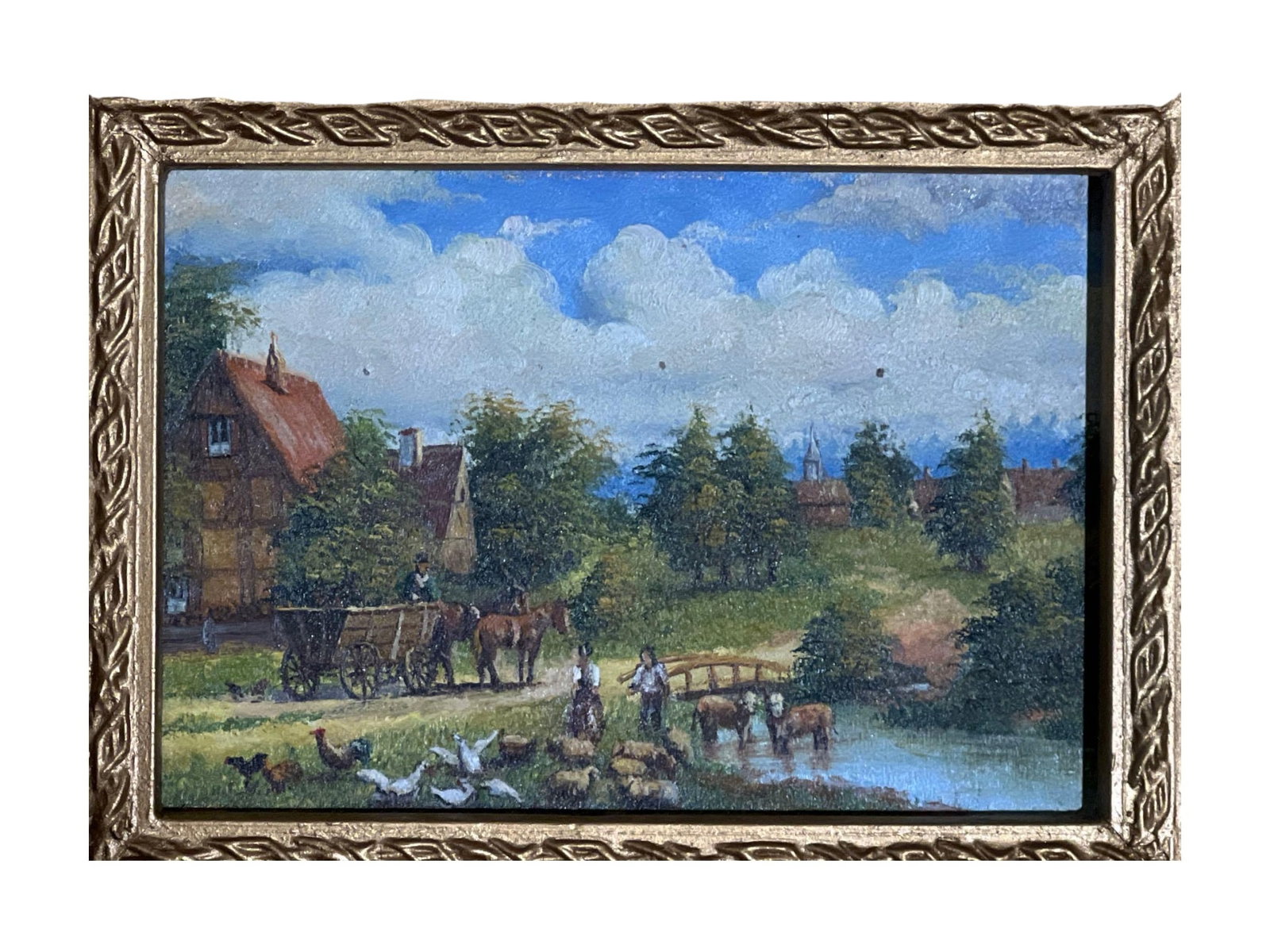 Framed Rural Landscape Oil Painting with Gilded Leaf Motif Frame - 3