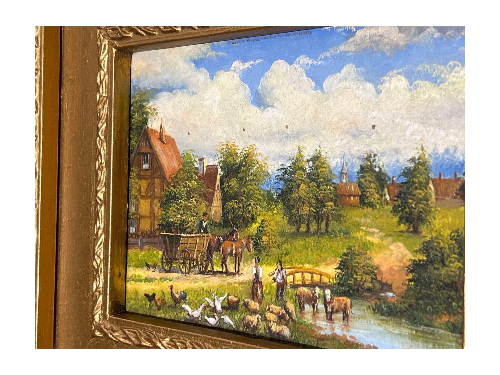 Framed Rural Landscape Oil Painting with Gilded Leaf Motif Frame - 4