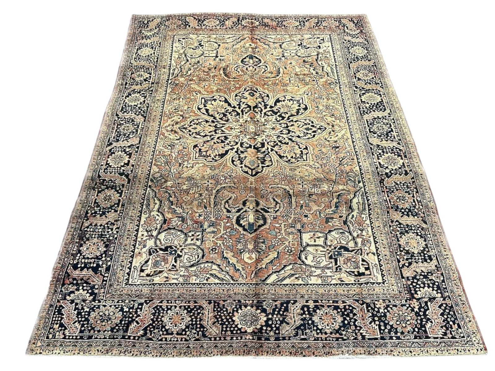 $7,520 - Vase-and-Palmette Spandrel Persian Heriz Carpet, Hand-Knotted Wool, 9'6" x 13'9": $7,520. A soft rose and salmon field is dominated by a large, finely drawn indigo floral medallion, with ivory corner spandrels containing vases and palmettes and a deep navy border of scrolling