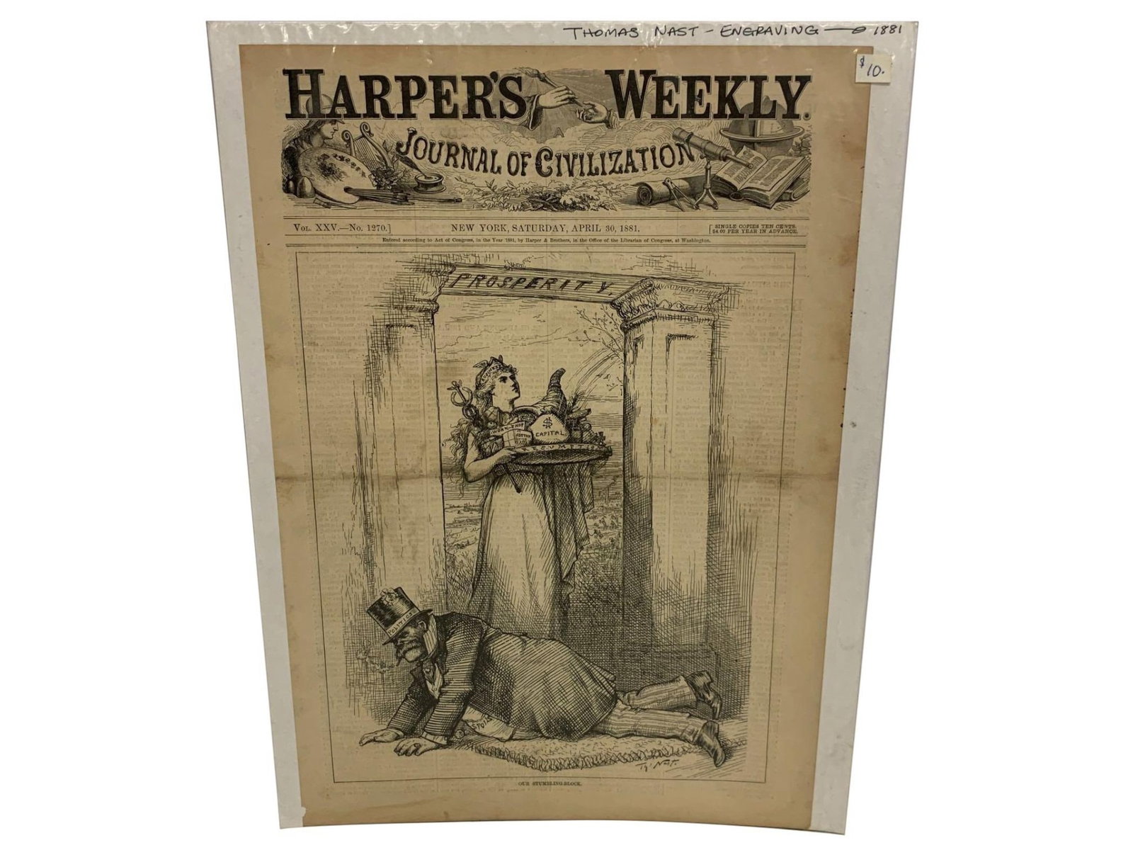 Harper's Weekly Thomas Nast Engraving April 30 1881: Harper's Weekly engraved newspaper issue dated April 30, 1881, featuring a political illustration by Thomas Nast. The cover shows the masthead "Journal of Civilization" above a full-page engraved scen