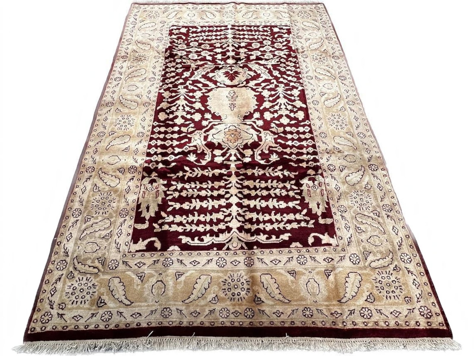 $2,865 - Willow and Cypress Carpet, Agra Design, Hand-Knotted Wool, 6'0" x 9'3": $2,865. A deep burgundy field is filled with the weeping willow and cypress motif rendered in ivory as delicate vertical forms rising from a central vase, framed by a wide ivory and beige border popul